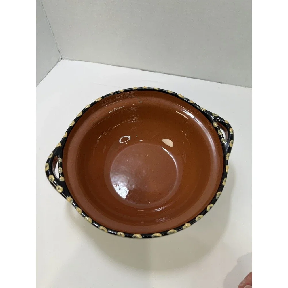 Pottery Barn Handpainted pottery clay bowl/pot with handles No Lid Serveware